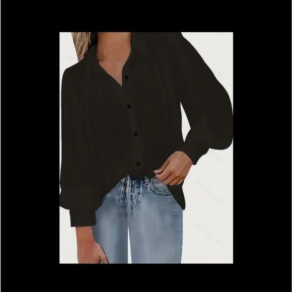 🆕👚Black Button Up Lantern Sleeve Blouse, Sz XL - Picture 1 of 6